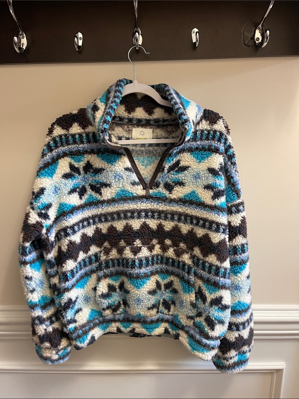 Offline Branded Sherpa Jacket in Teal, Cream & Brown